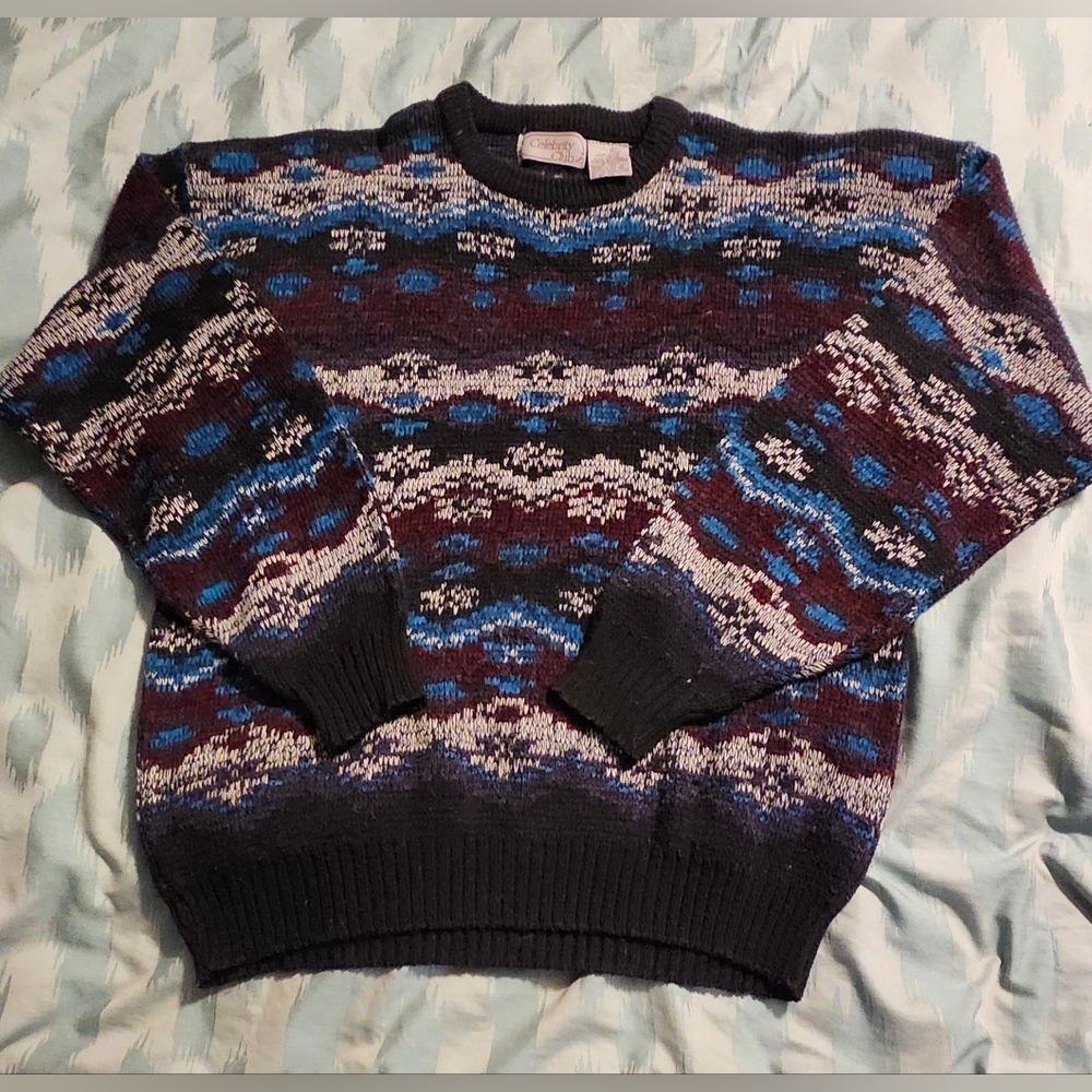 Vintage 1980s Celebrity Club Multicolor Pattern Knit‎ Sweater Men's Size XL